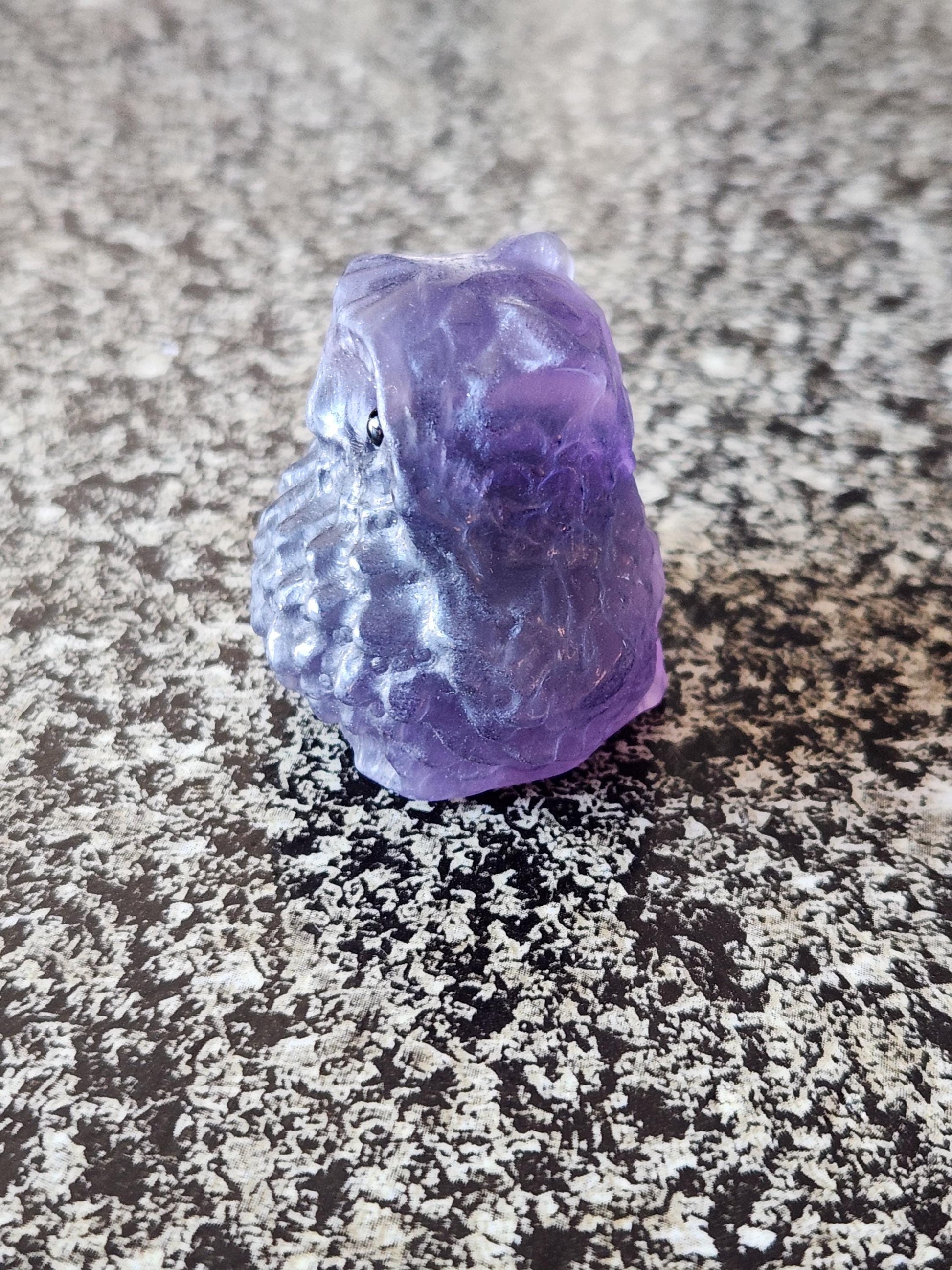 Carved Dark Purple Fluorite Crystal Owl, Unique