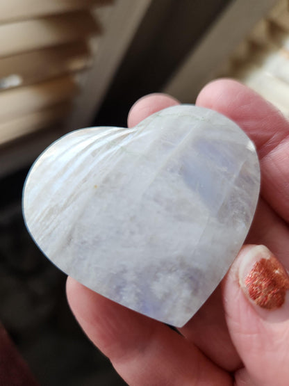 Moonstone Crystal Heart with Blue Flash and Green Inclusions