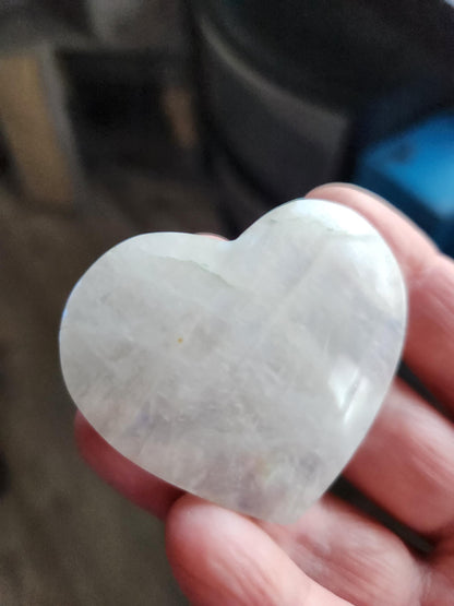 Moonstone Crystal Heart with Blue Flash and Green Inclusions