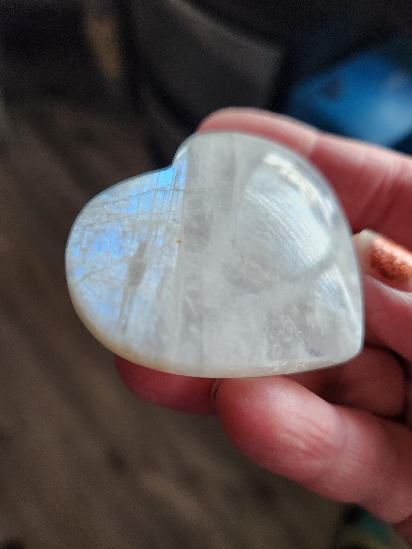 Moonstone Crystal Heart with Blue Flash and Green Inclusions