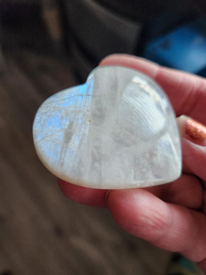 Moonstone Crystal Heart with Blue Flash and Green Inclusions