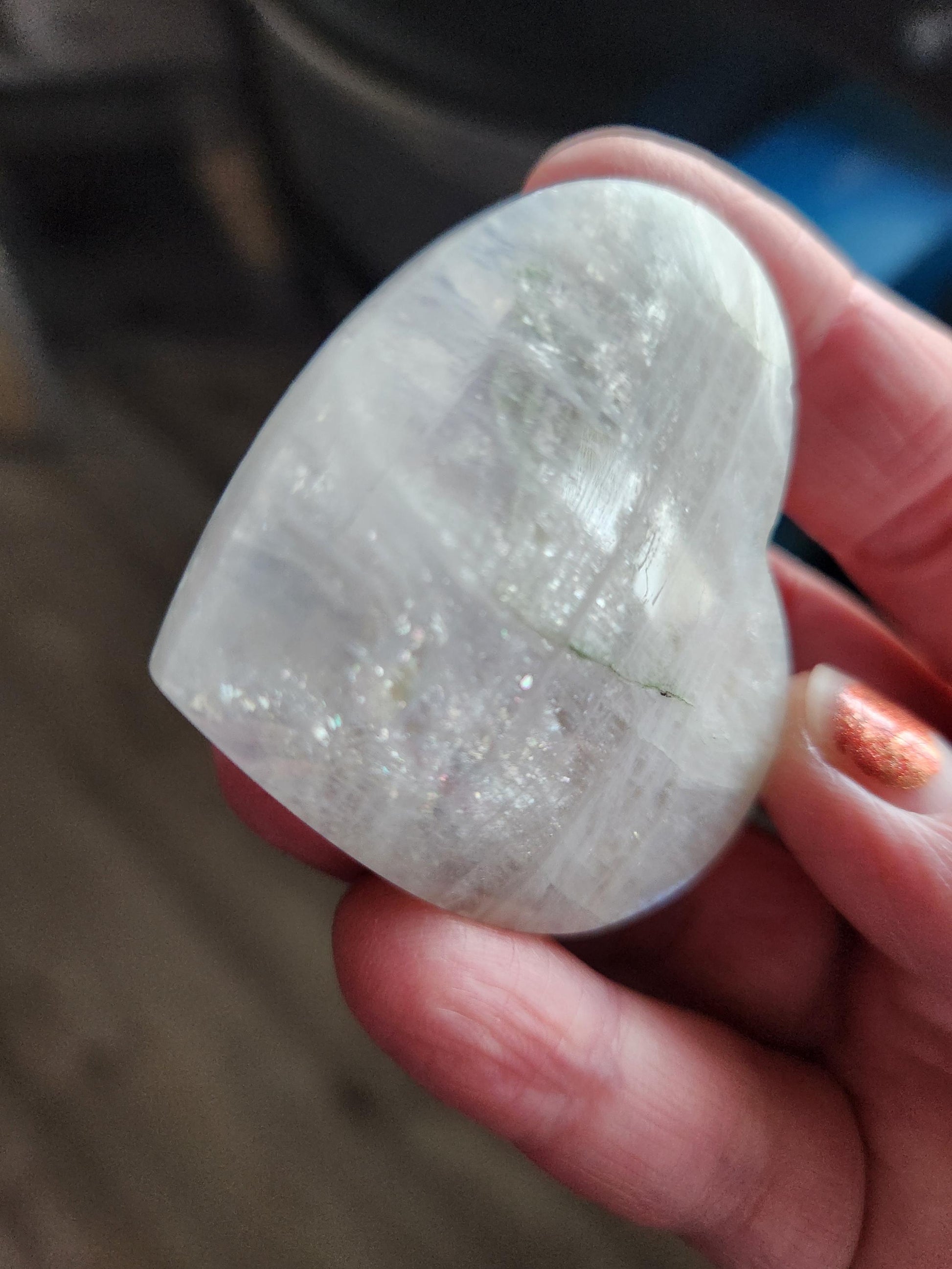 Moonstone Crystal Heart with Blue Flash and Green Inclusions