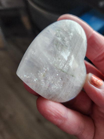 Moonstone Crystal Heart with Blue Flash and Green Inclusions