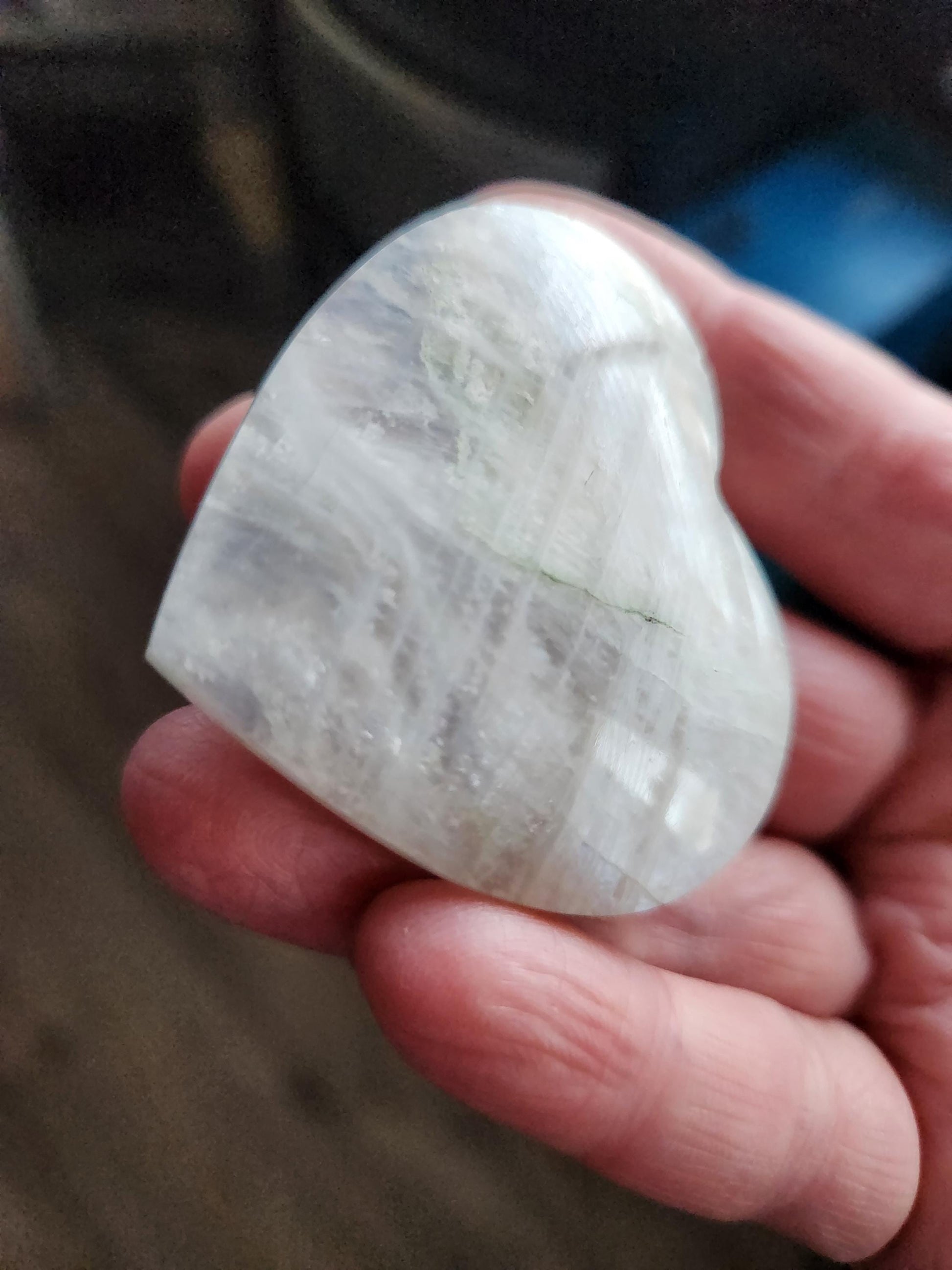 Moonstone Crystal Heart with Blue Flash and Green Inclusions