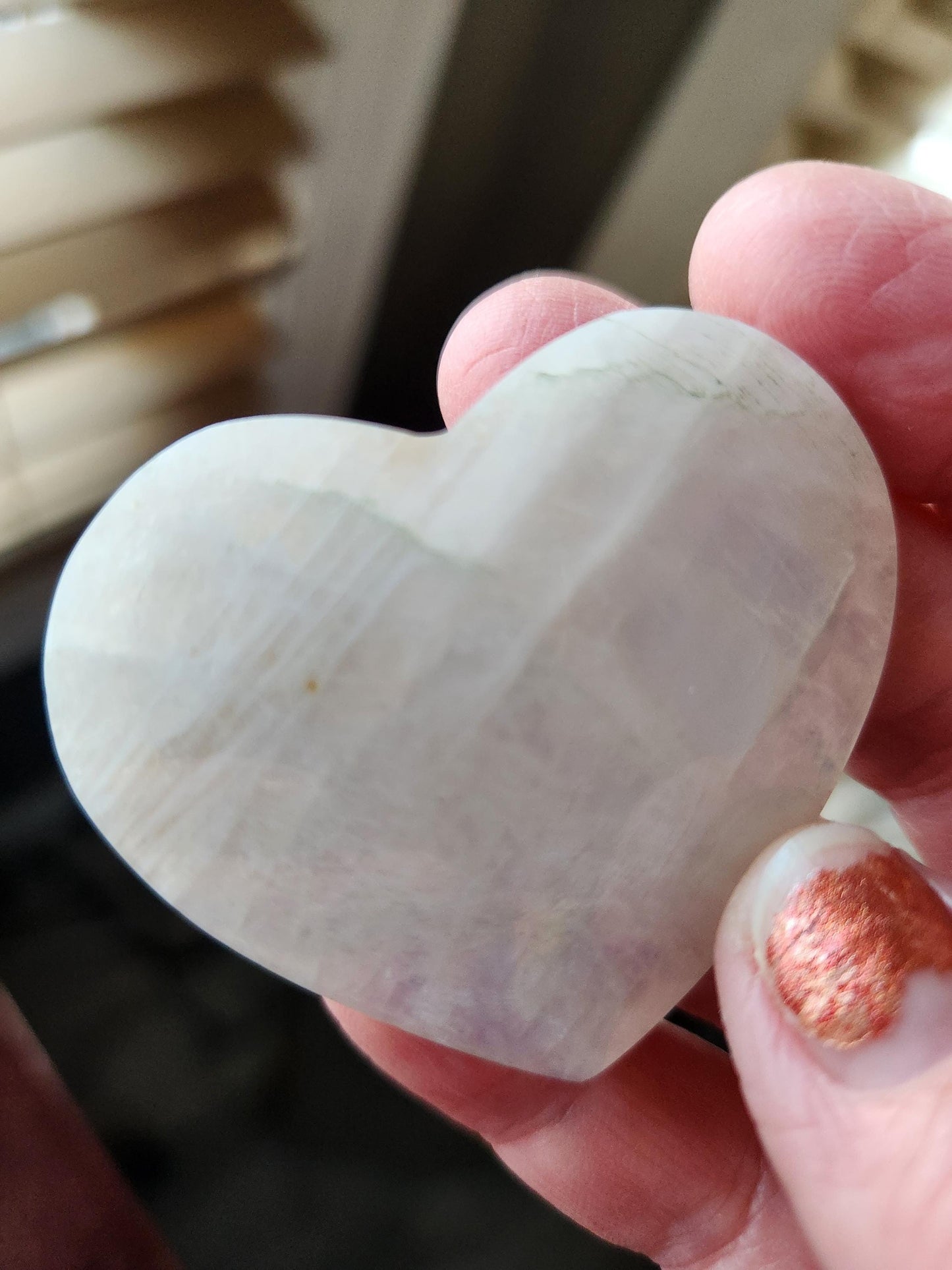Moonstone Crystal Heart with Blue Flash and Green Inclusions