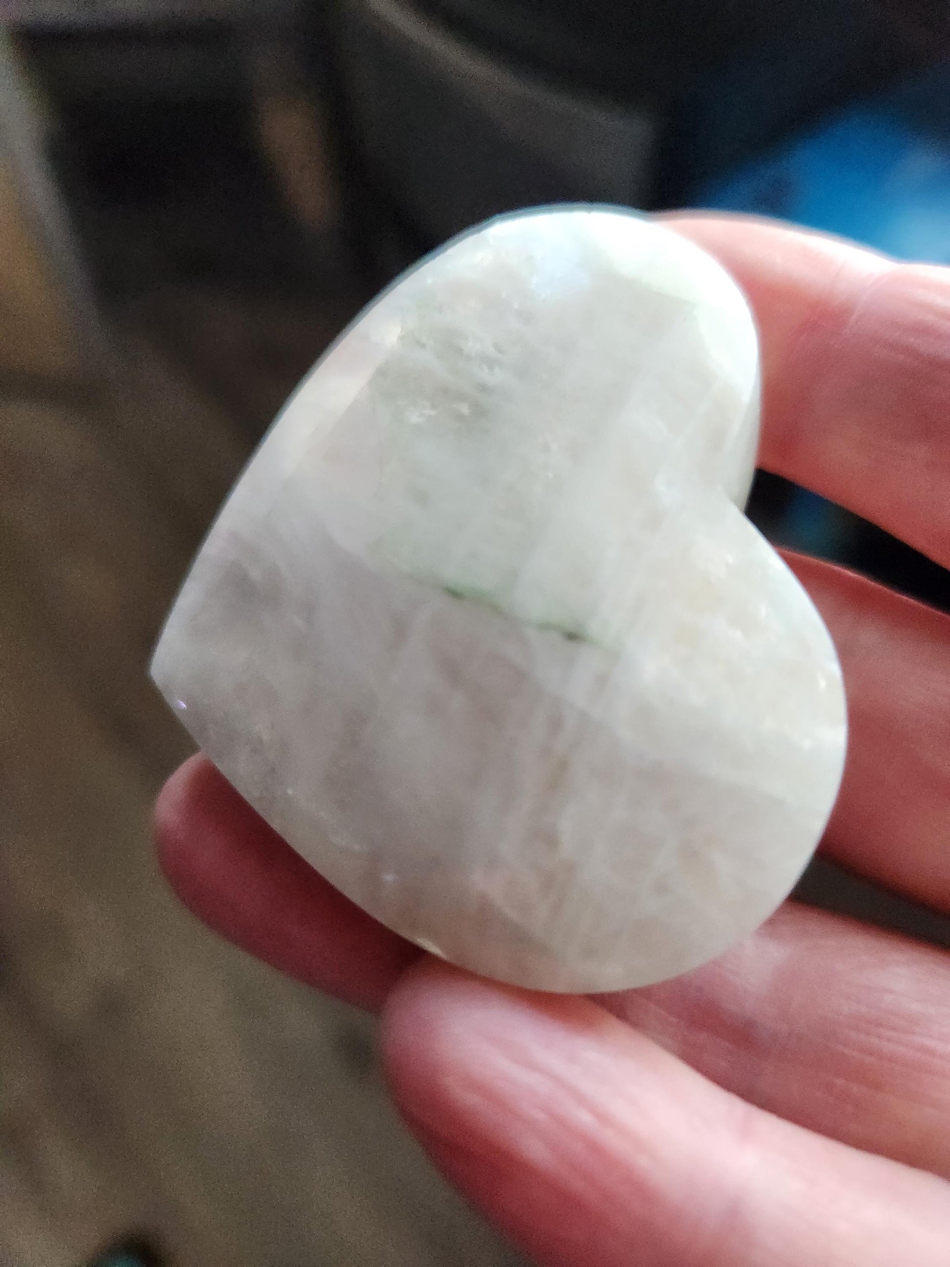Moonstone Crystal Heart with Blue Flash and Green Inclusions