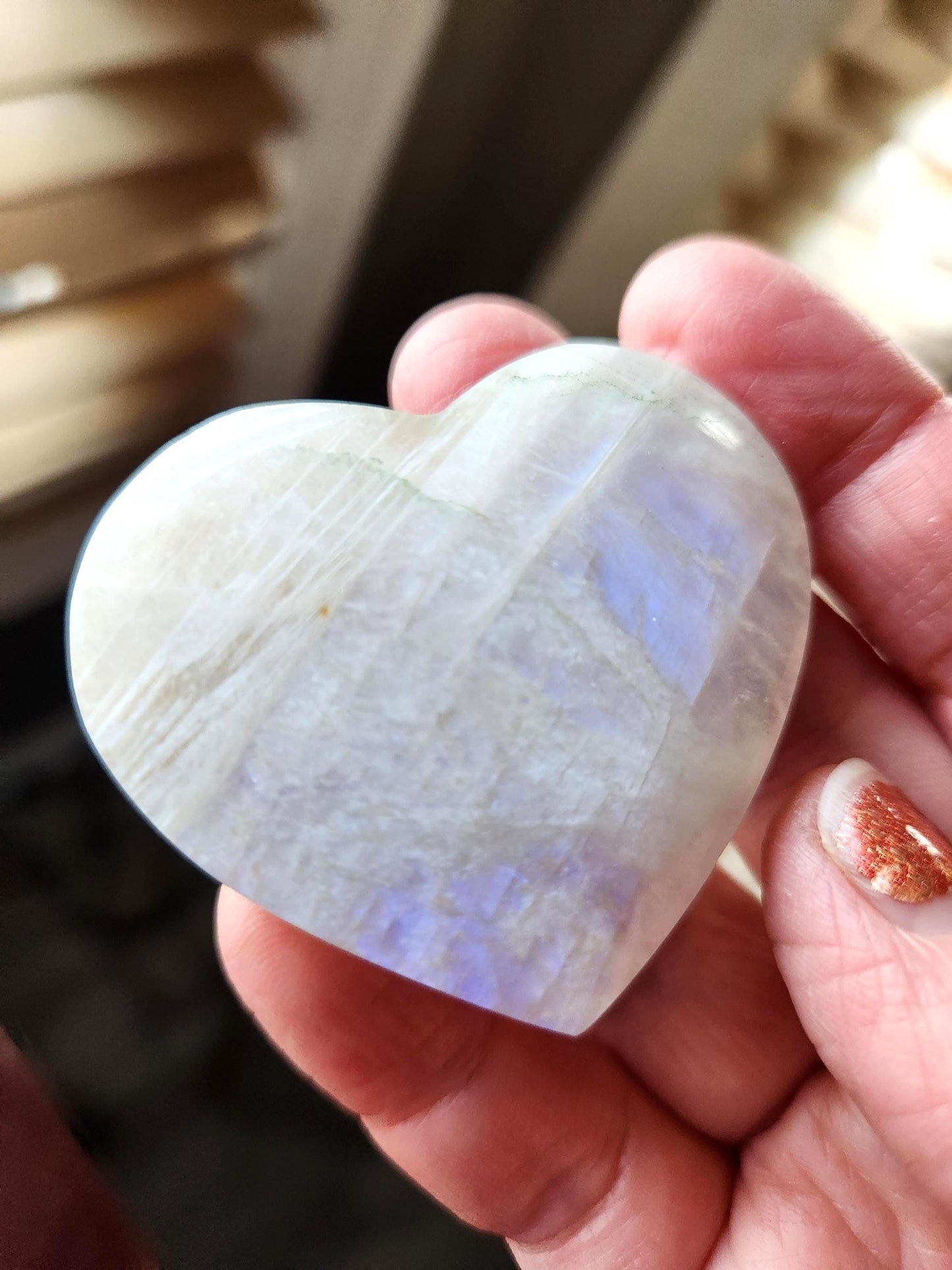 Moonstone Crystal Heart with Blue Flash and Green Inclusions