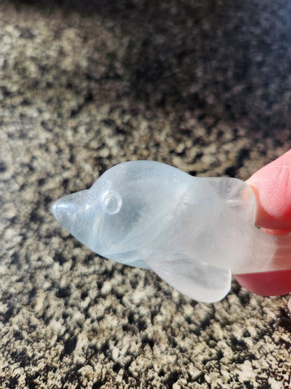 Mini Light Green Fluorite Dolphin Crystal Carving - High Polish