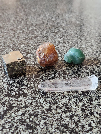 Abundance Crystal Bundle: Pyrite Cube, Moroccan Citrine, Green Aventurine Skull, Raw Clear Quartz Point