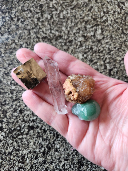 Abundance Crystal Bundle: Pyrite Cube, Moroccan Citrine, Green Aventurine Skull, Raw Clear Quartz Point