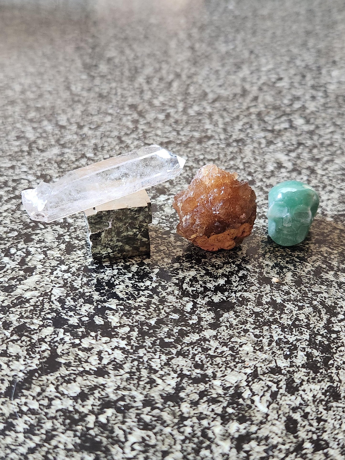 Abundance Crystal Bundle: Pyrite Cube, Moroccan Citrine, Green Aventurine Skull, Raw Clear Quartz Point