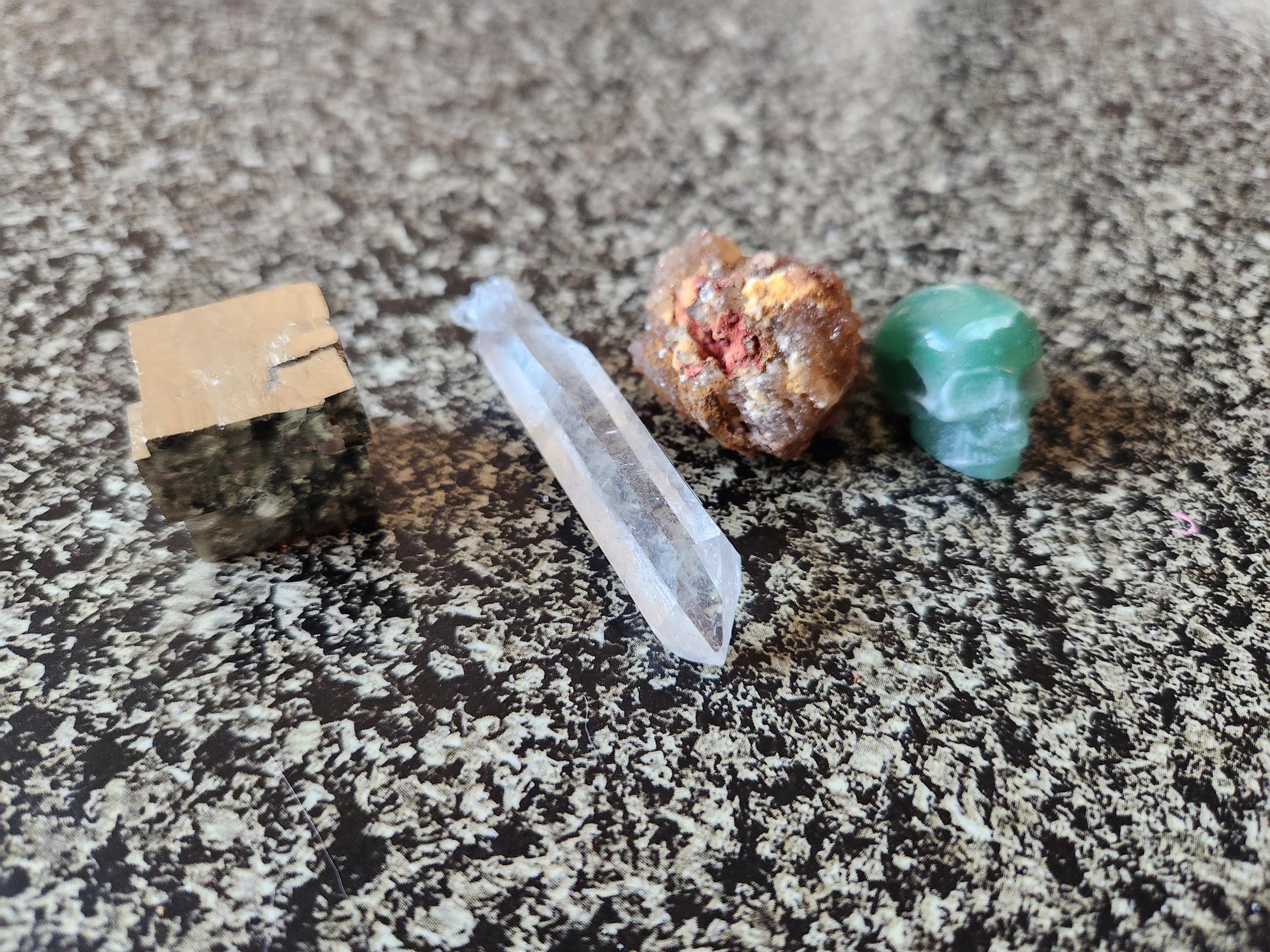 Abundance Crystal Bundle: Pyrite Cube, Moroccan Citrine, Green Aventurine Skull, Raw Clear Quartz Point