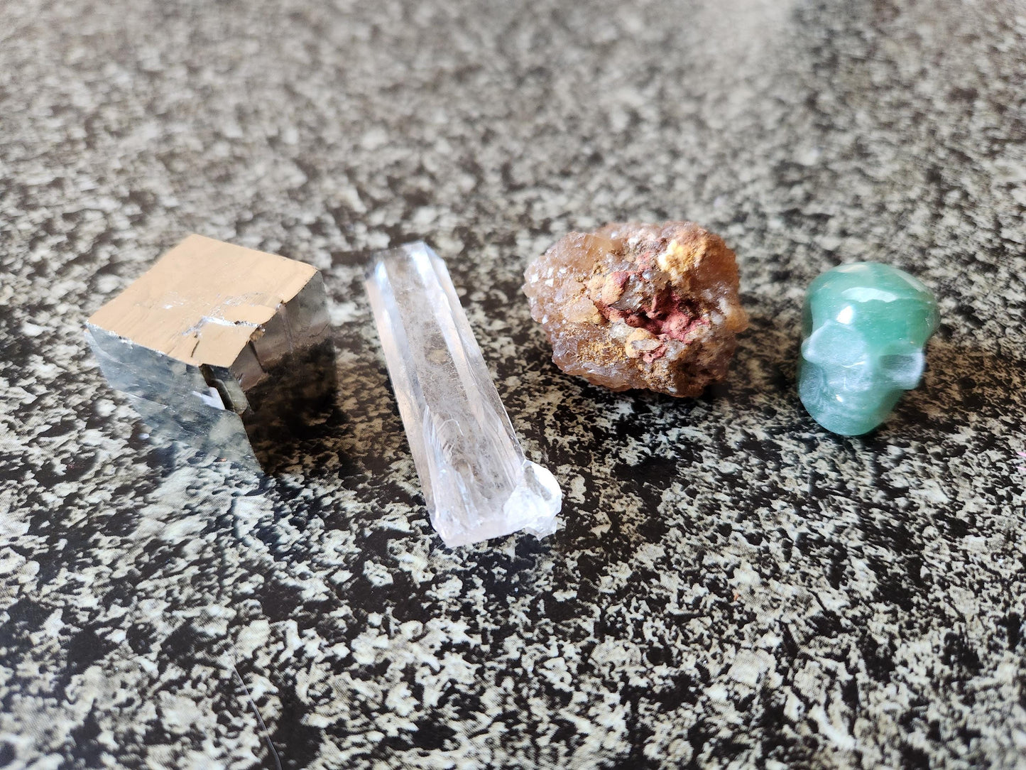 Abundance Crystal Bundle: Pyrite Cube, Moroccan Citrine, Green Aventurine Skull, Raw Clear Quartz Point