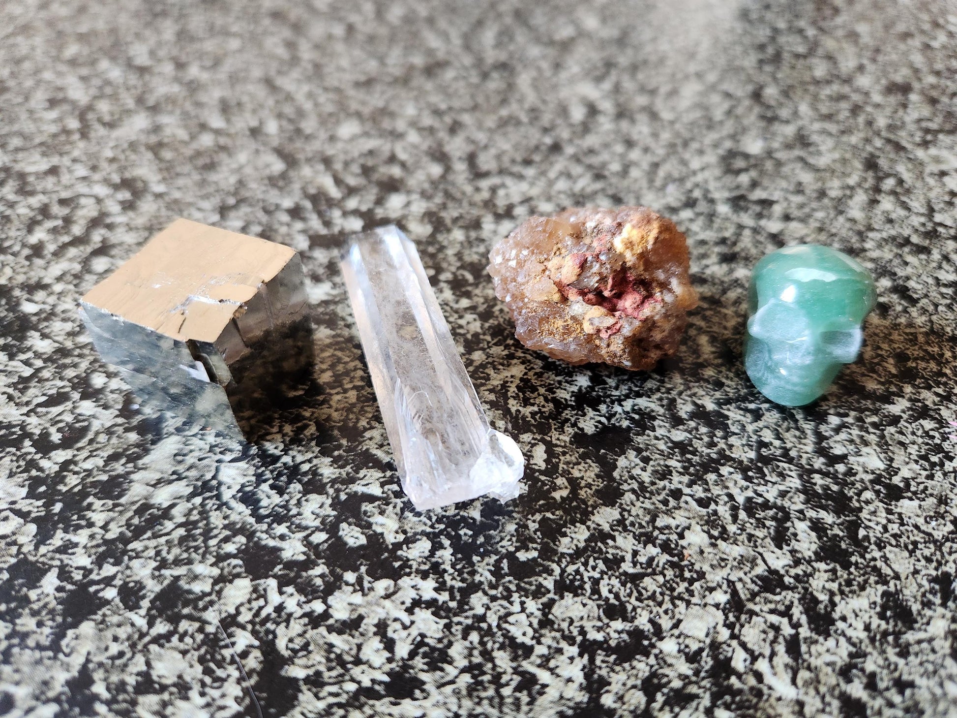 Abundance Crystal Bundle: Pyrite Cube, Moroccan Citrine, Green Aventurine Skull, Raw Clear Quartz Point