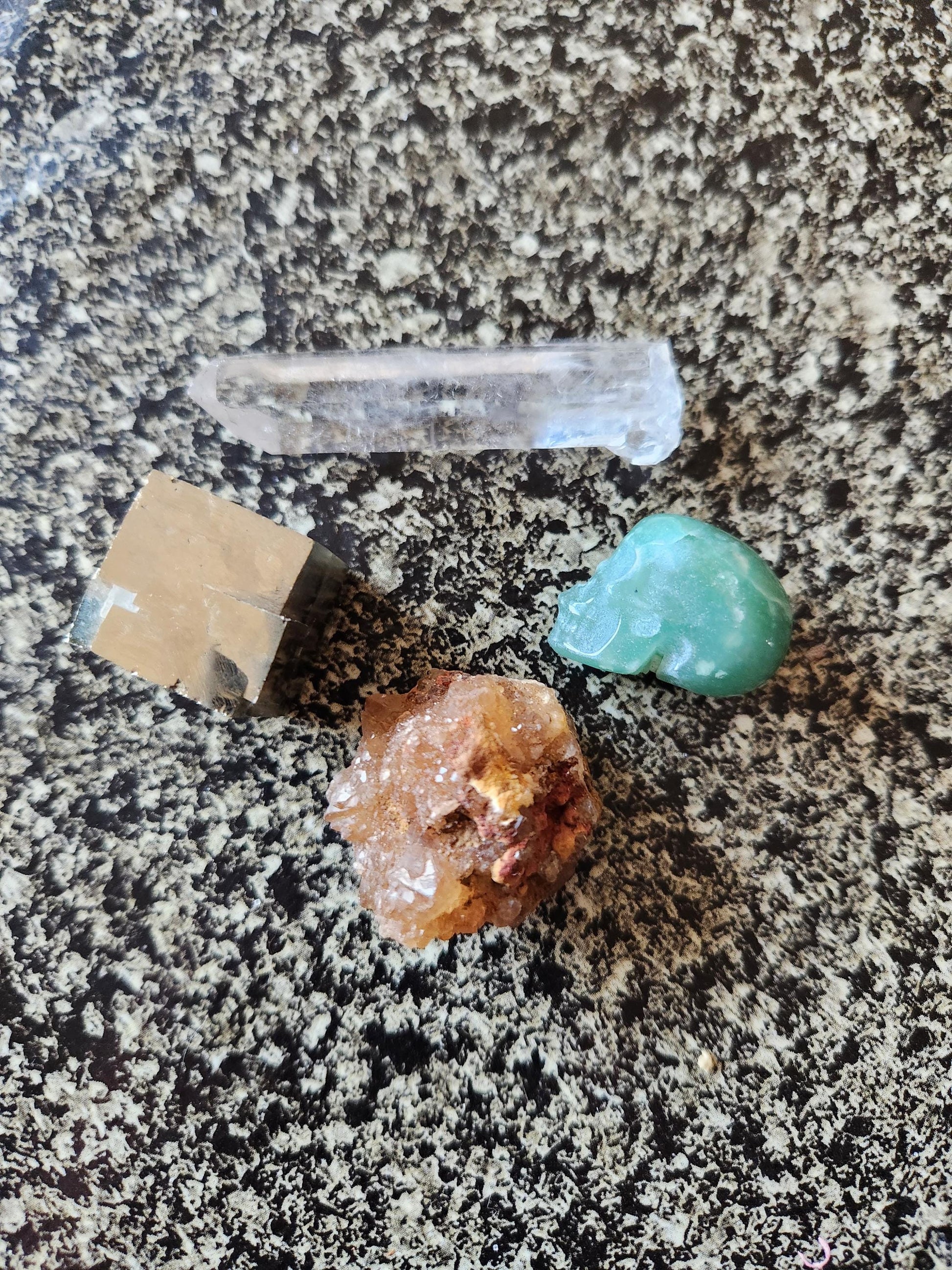 Abundance Crystal Bundle: Pyrite Cube, Moroccan Citrine, Green Aventurine Skull, Raw Clear Quartz Point