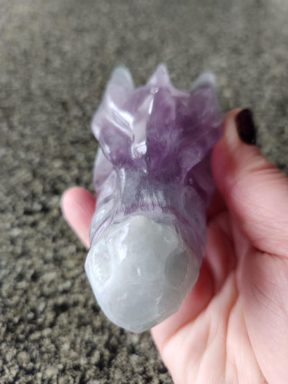 Natural Purple and Green Fluorite Crystal Carved Dragon Head, DnD