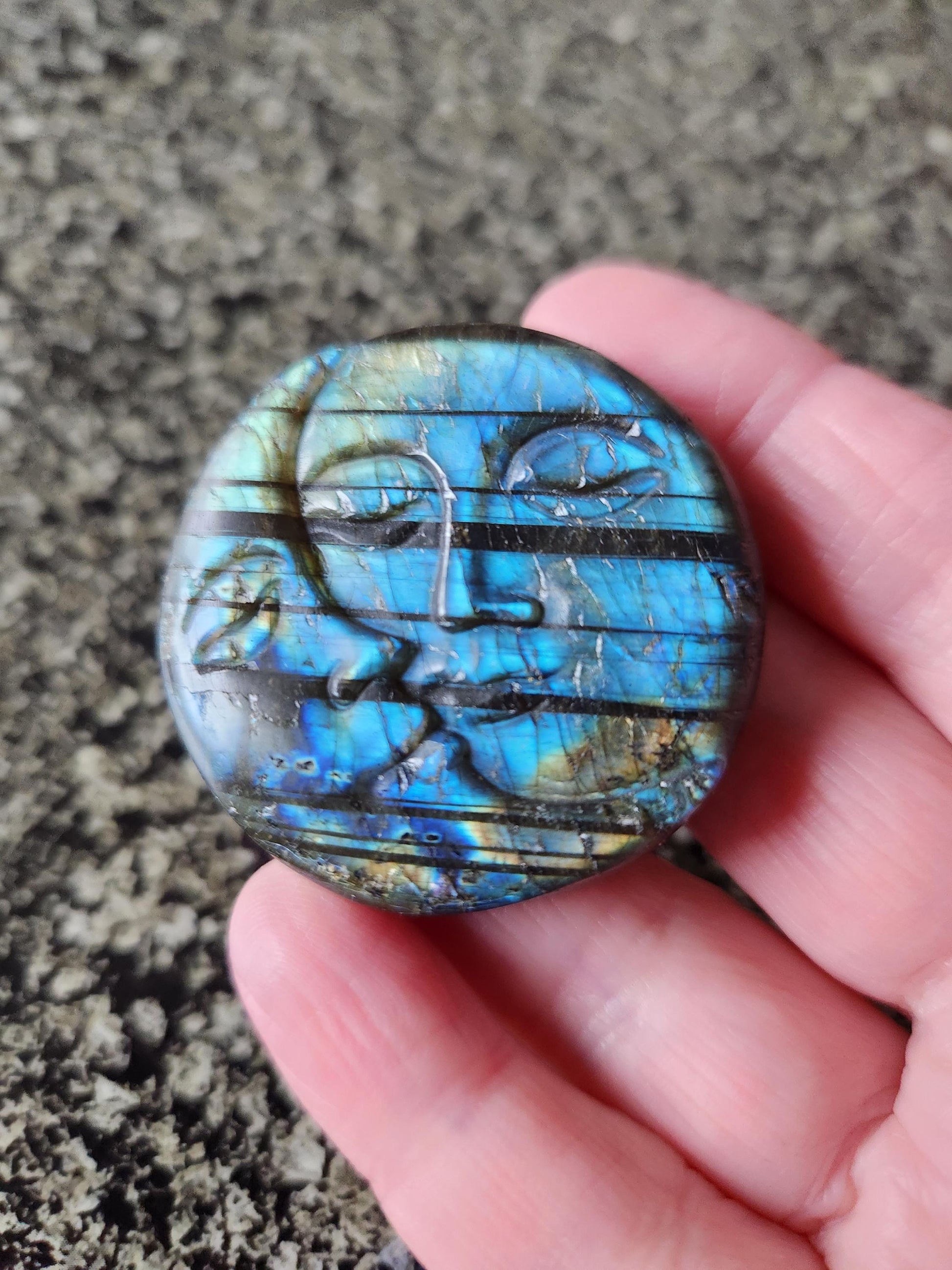 Unique Sun Moon Labradorite Coin Crystal Stone with flash and tiger lines