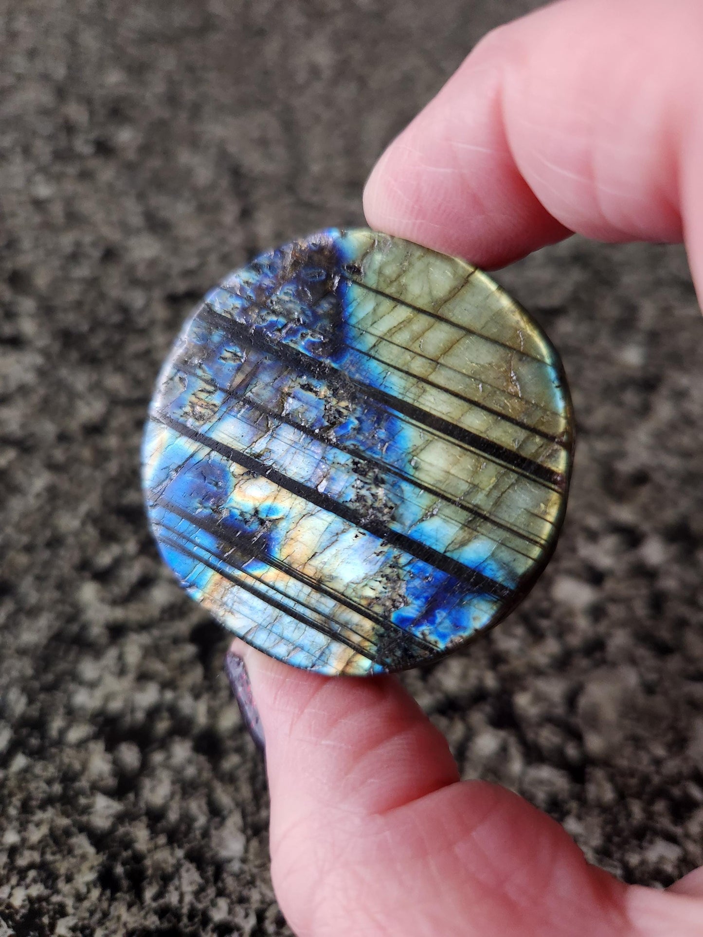 Unique Sun Moon Labradorite Coin Crystal Stone with flash and tiger lines