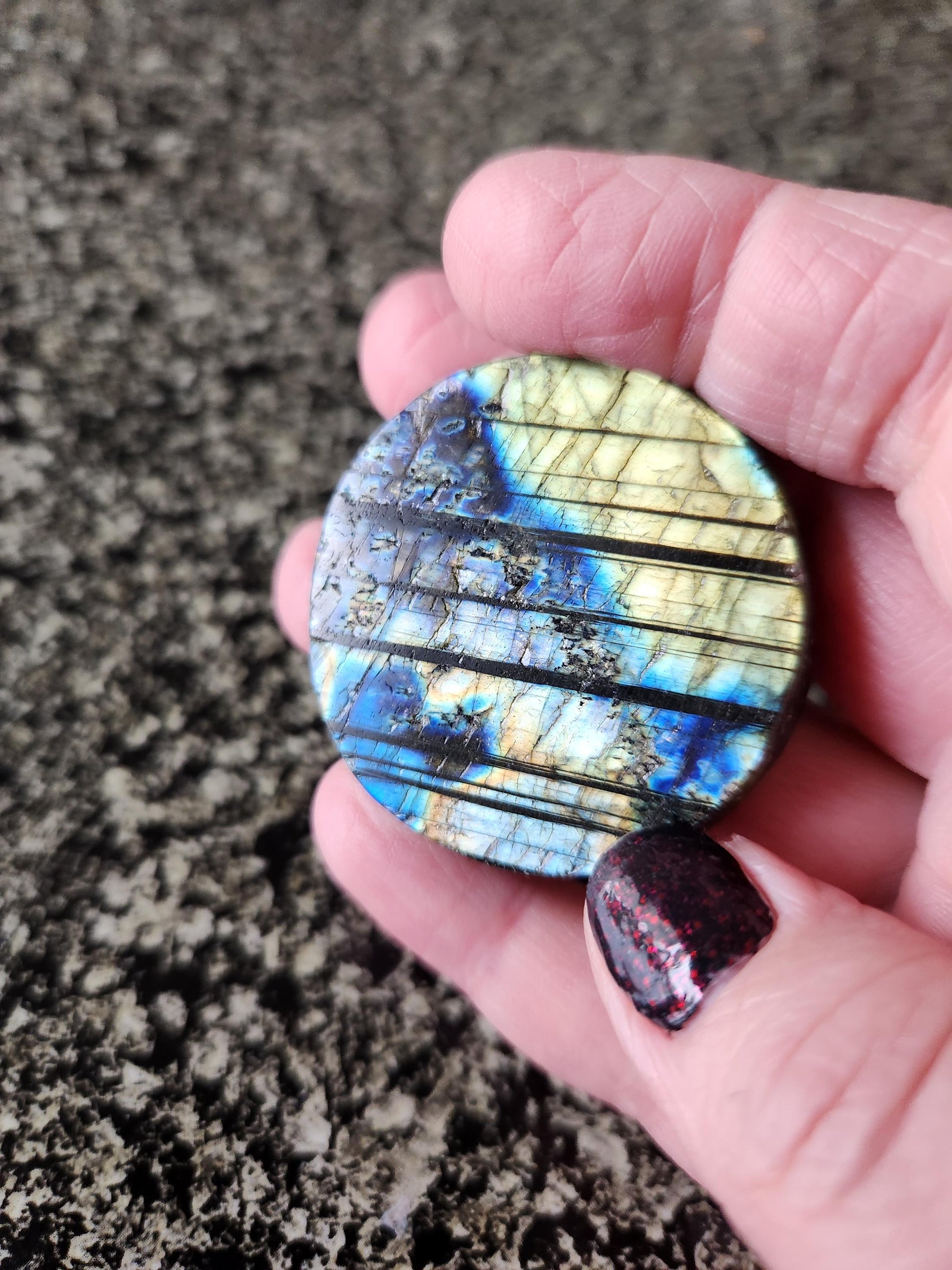 Unique Sun Moon Labradorite Coin Crystal Stone with flash and tiger lines