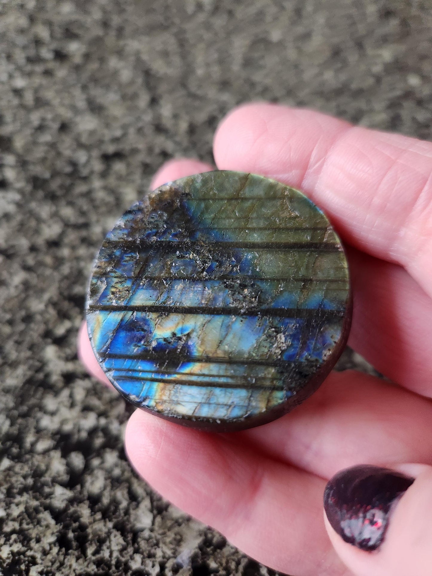 Unique Sun Moon Labradorite Coin Crystal Stone with flash and tiger lines