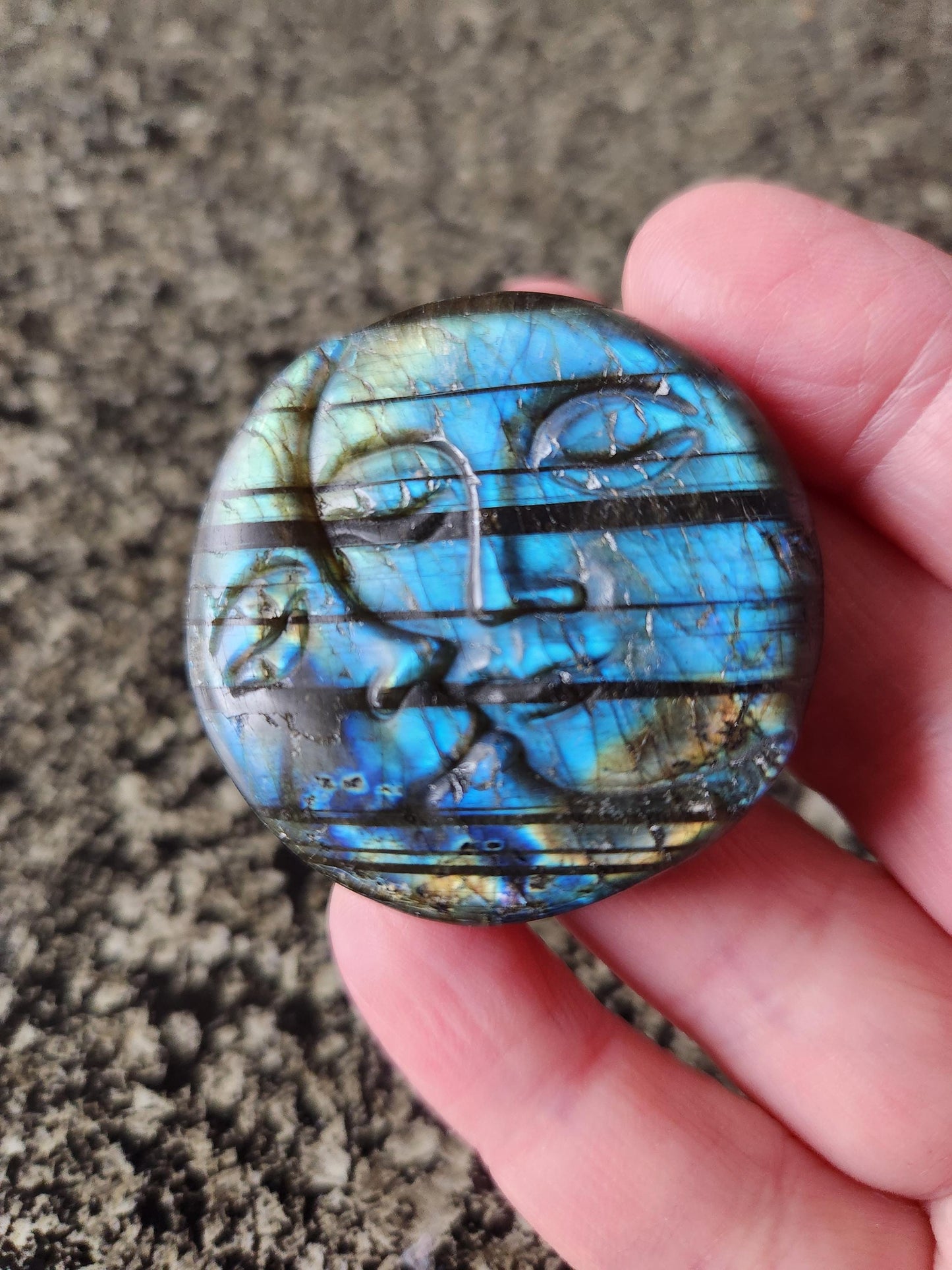 Unique Sun Moon Labradorite Coin Crystal Stone with flash and tiger lines