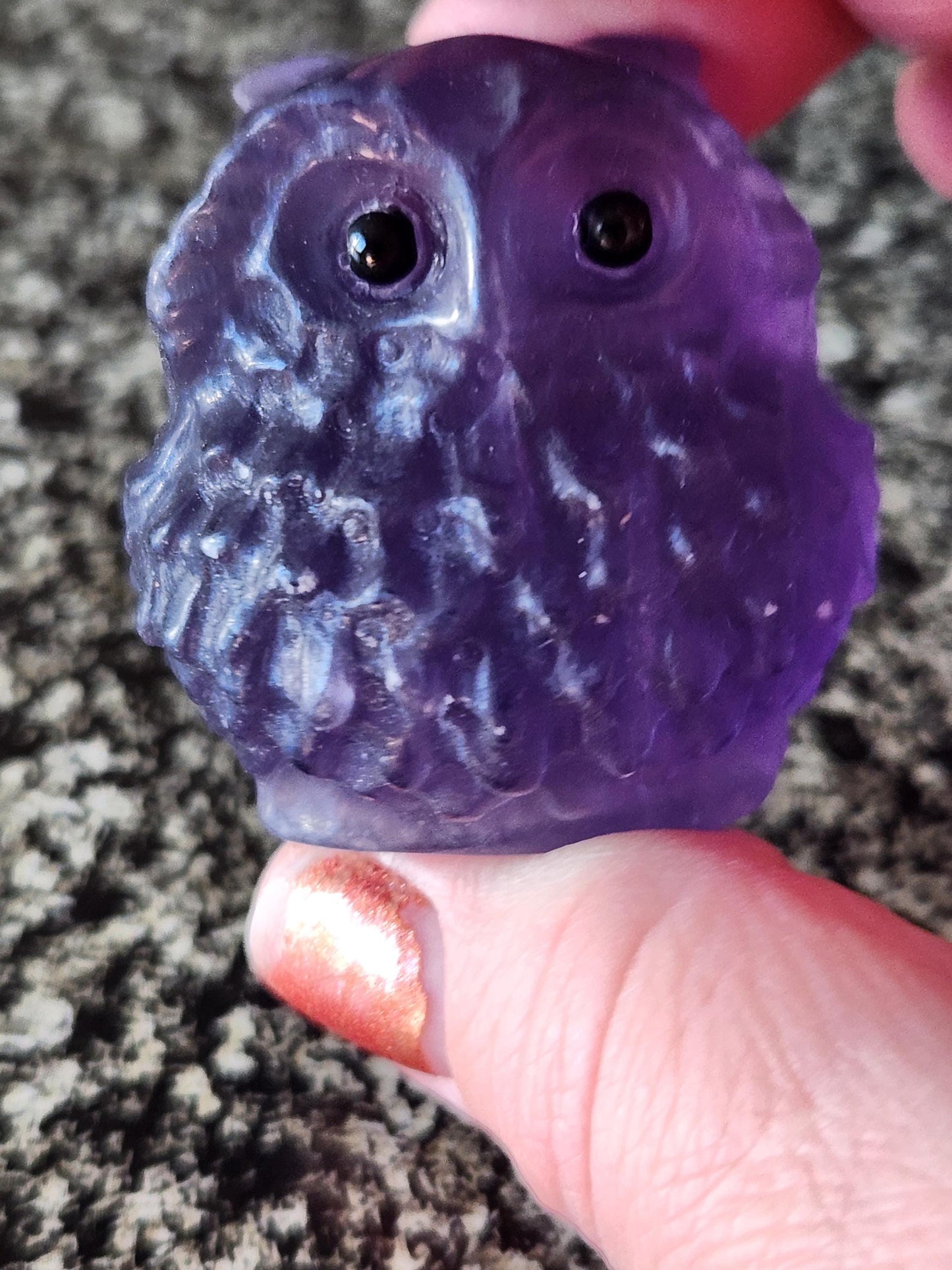 Carved Purple Fluorite Crystal Owl, Unique