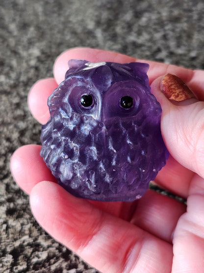 Carved Purple Fluorite Crystal Owl, Unique