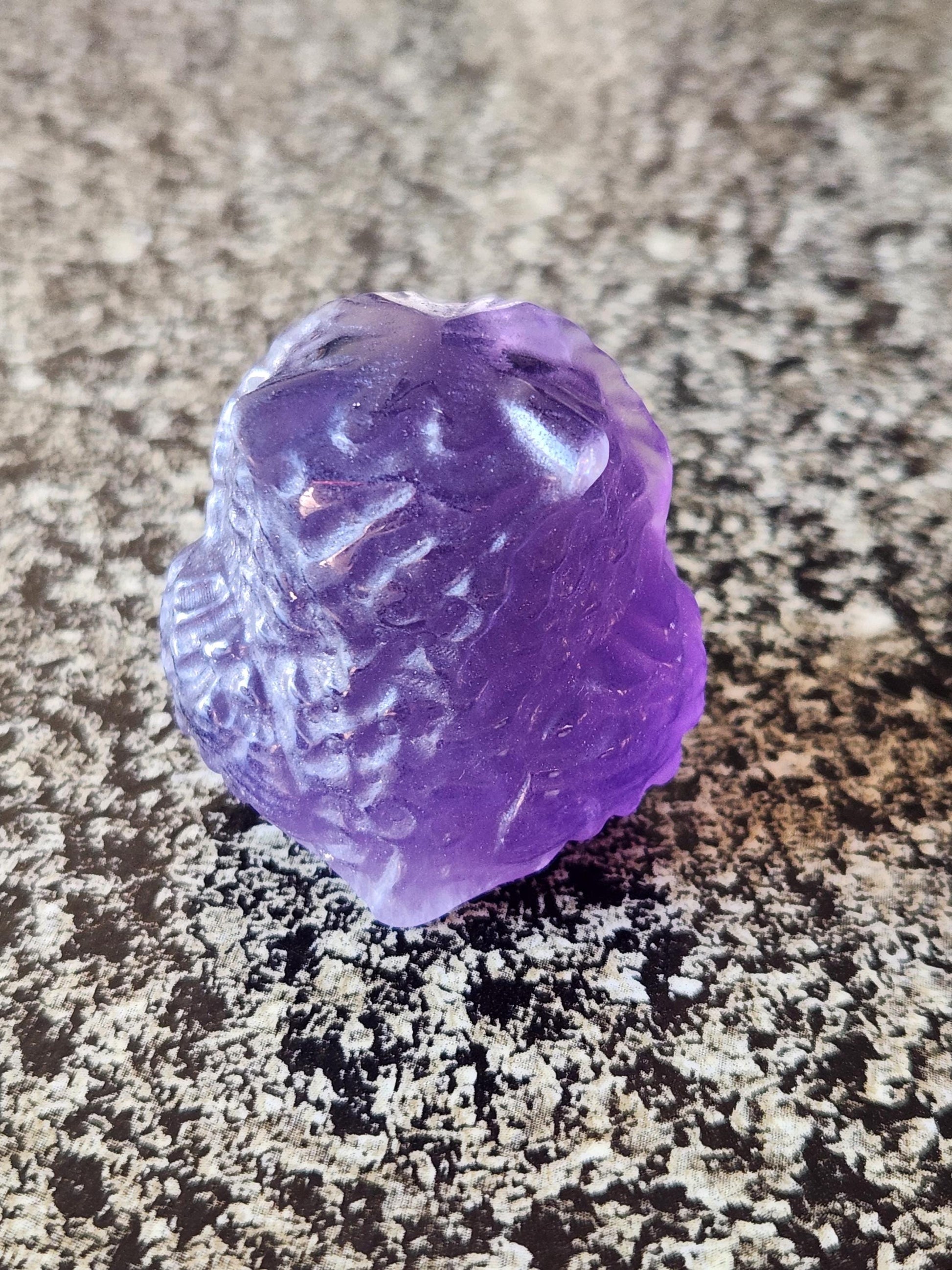 Carved Purple Fluorite Crystal Owl, Unique