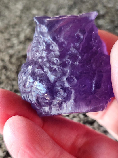 Carved Purple Fluorite Crystal Owl, Unique