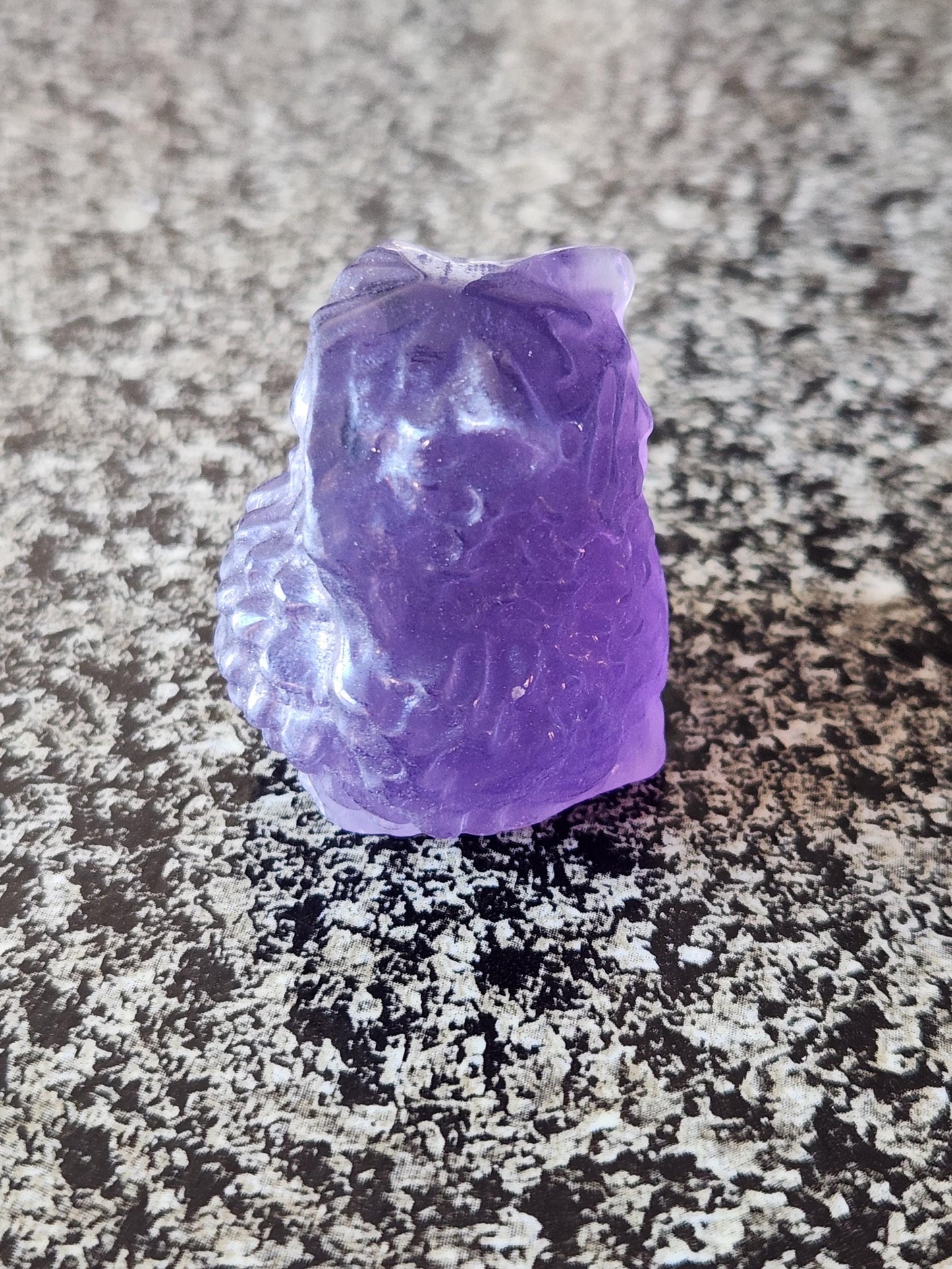 Carved Purple Fluorite Crystal Owl, Unique