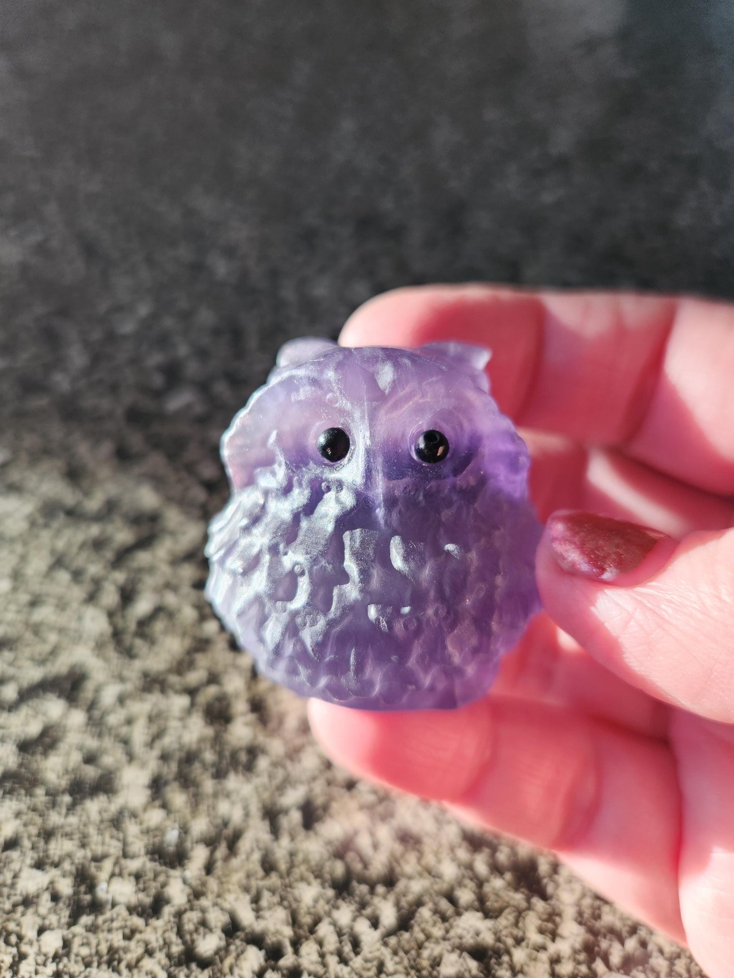 Carved Dark Purple Fluorite Crystal Owl, Unique