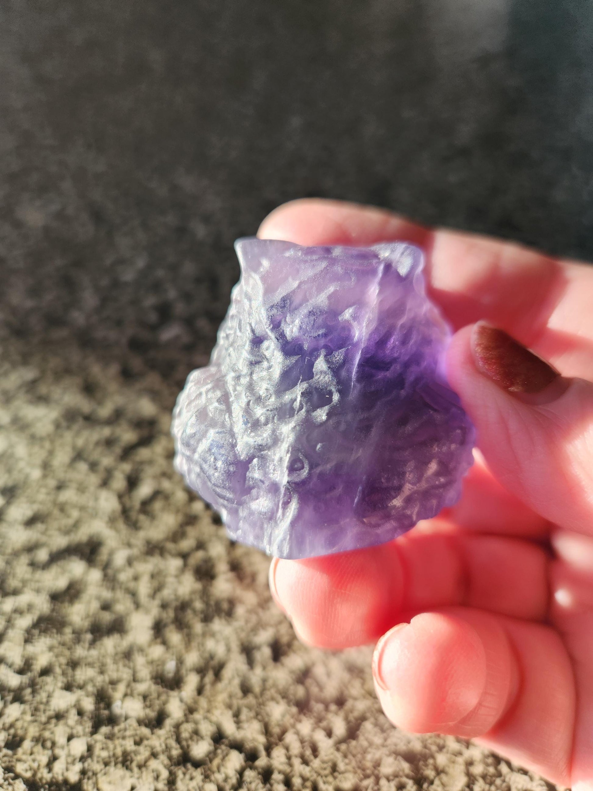 Carved Dark Purple Fluorite Crystal Owl, Unique