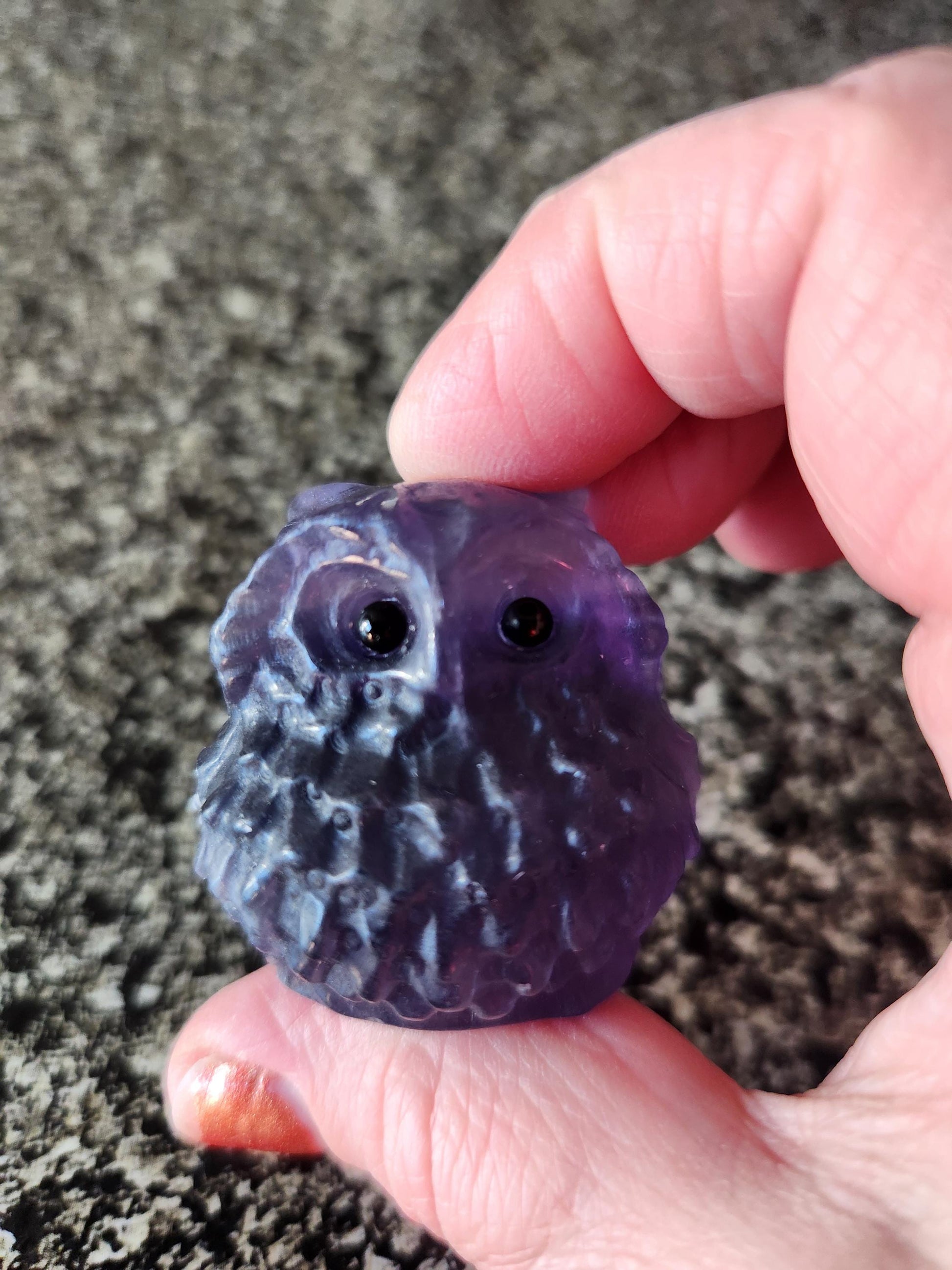 Carved Dark Purple Fluorite Crystal Owl, Unique