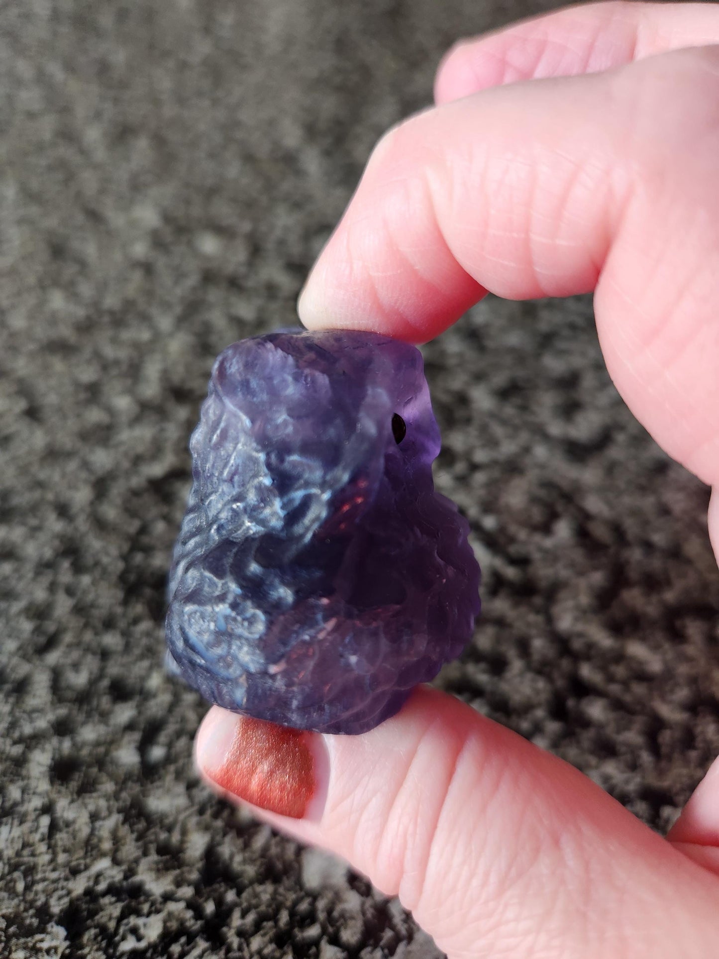 Carved Dark Purple Fluorite Crystal Owl, Unique