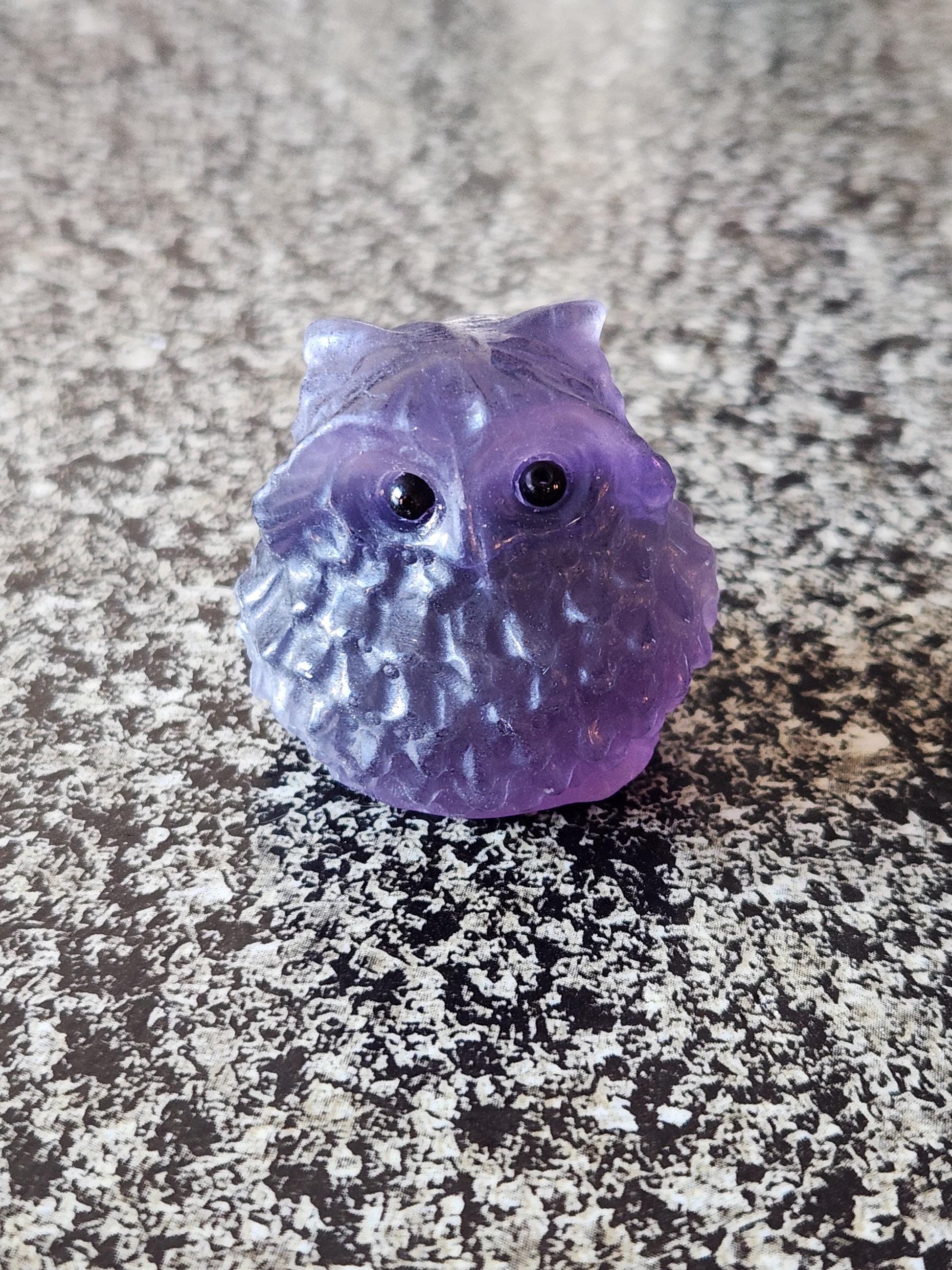 Carved Dark Purple Fluorite Crystal Owl, Unique