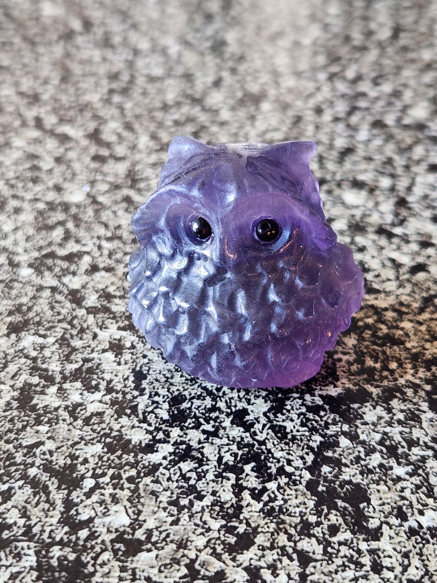 Carved Dark Purple Fluorite Crystal Owl, Unique