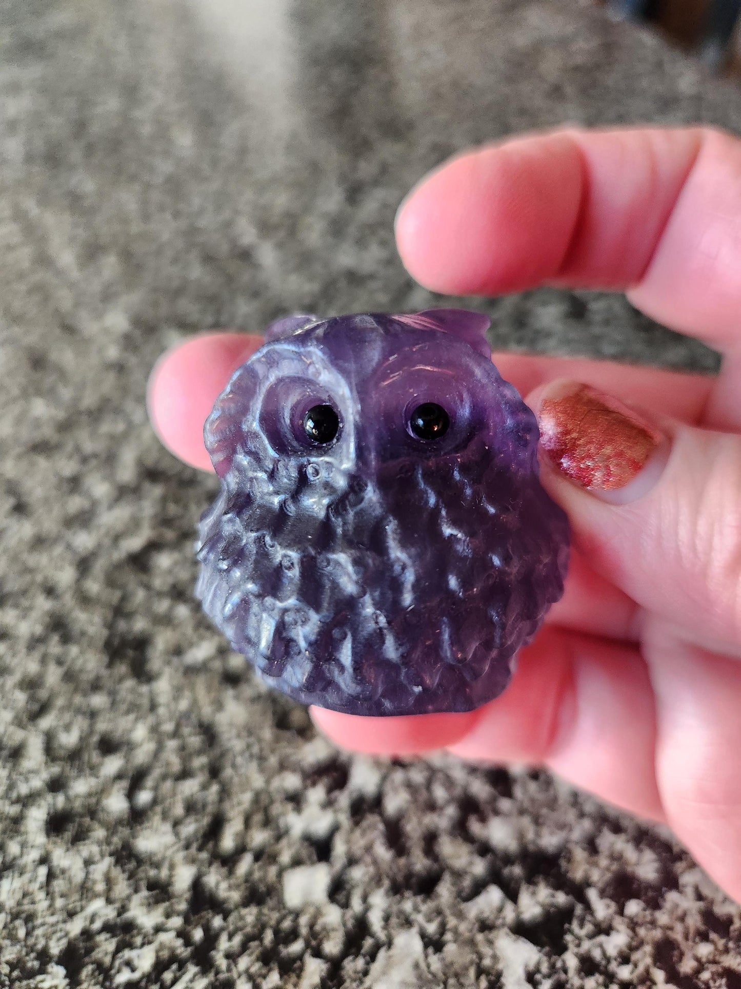 Carved Dark Purple Fluorite Crystal Owl, Unique