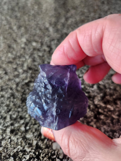 Carved Dark Purple Fluorite Crystal Owl, Unique
