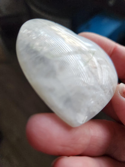 Moonstone Crystal Heart with Blue Flash and Green Inclusions