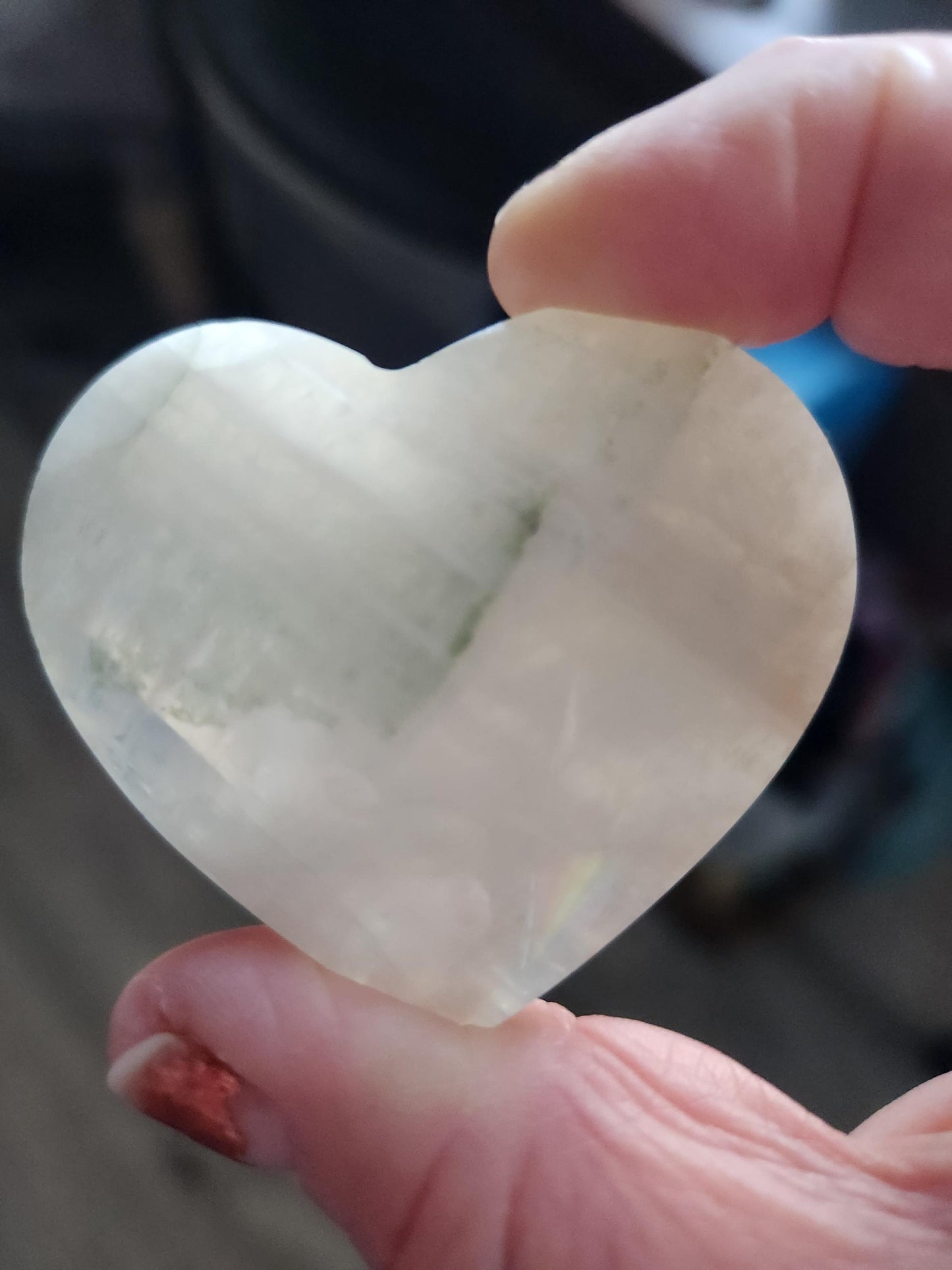 Moonstone Crystal Heart with Blue Flash and Green Inclusions