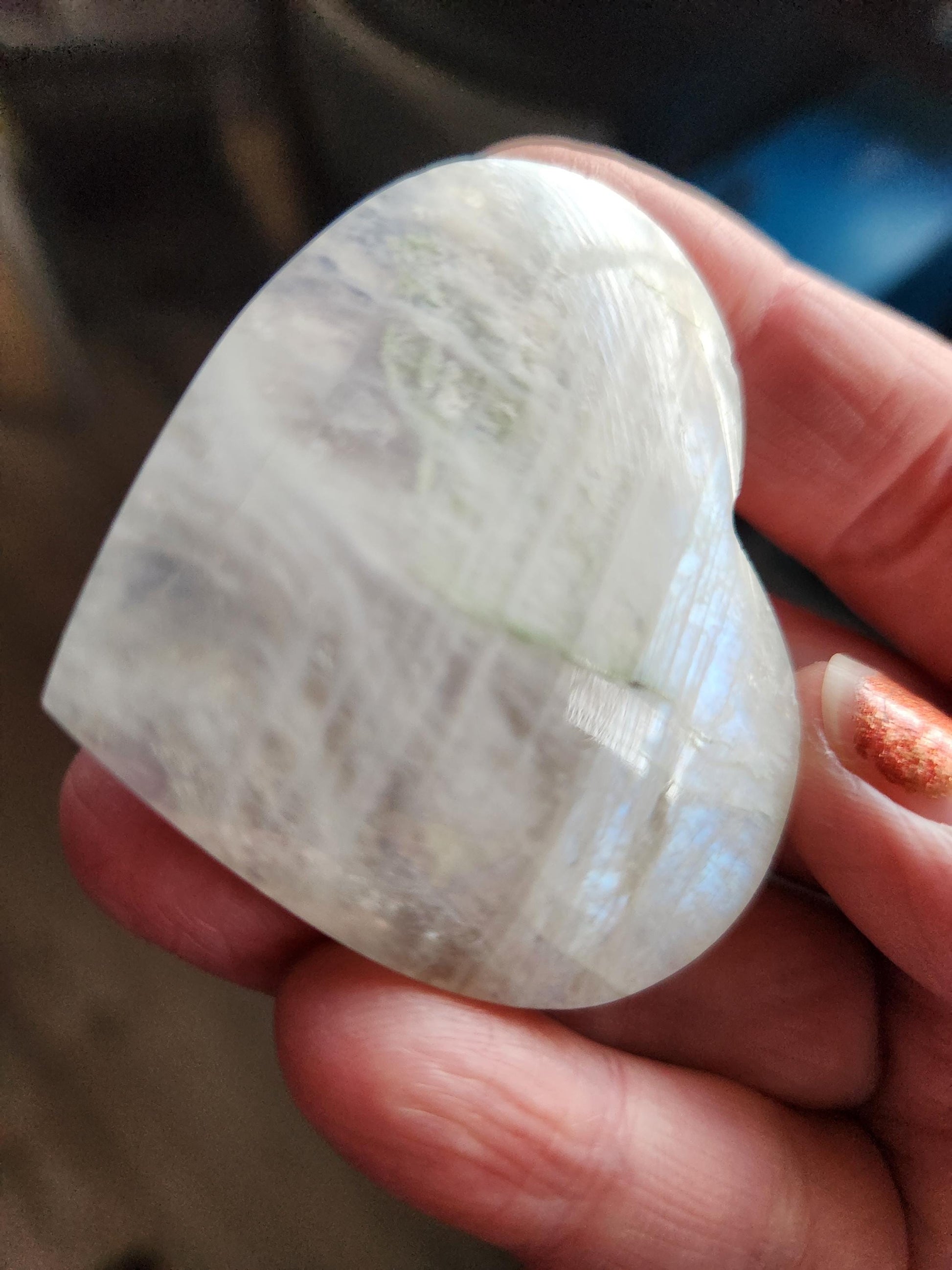 Moonstone Crystal Heart with Blue Flash and Green Inclusions