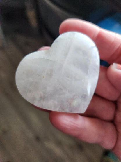 Moonstone Crystal Heart with Blue Flash and Green Inclusions