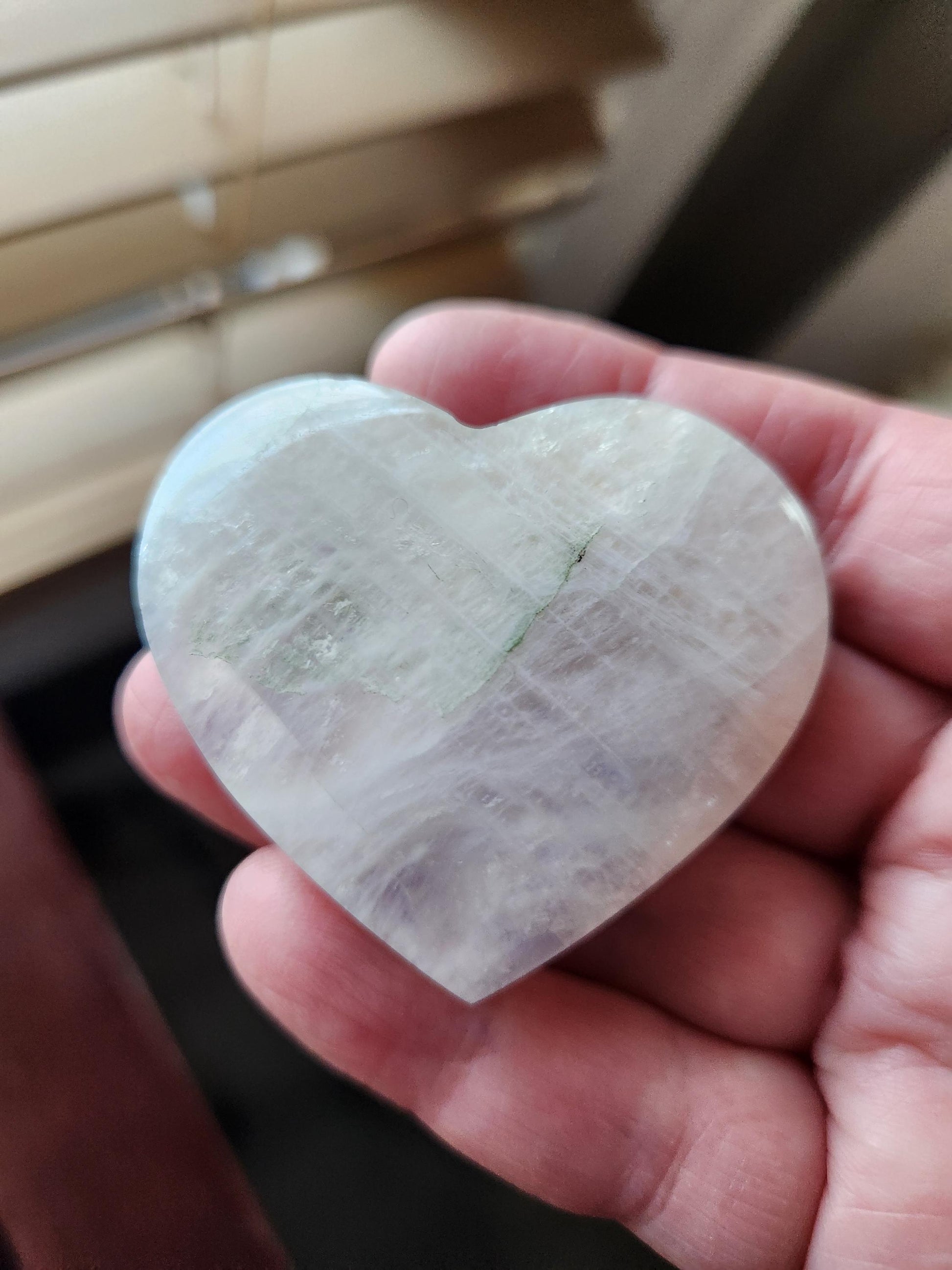 Moonstone Crystal Heart with Blue Flash and Green Inclusions