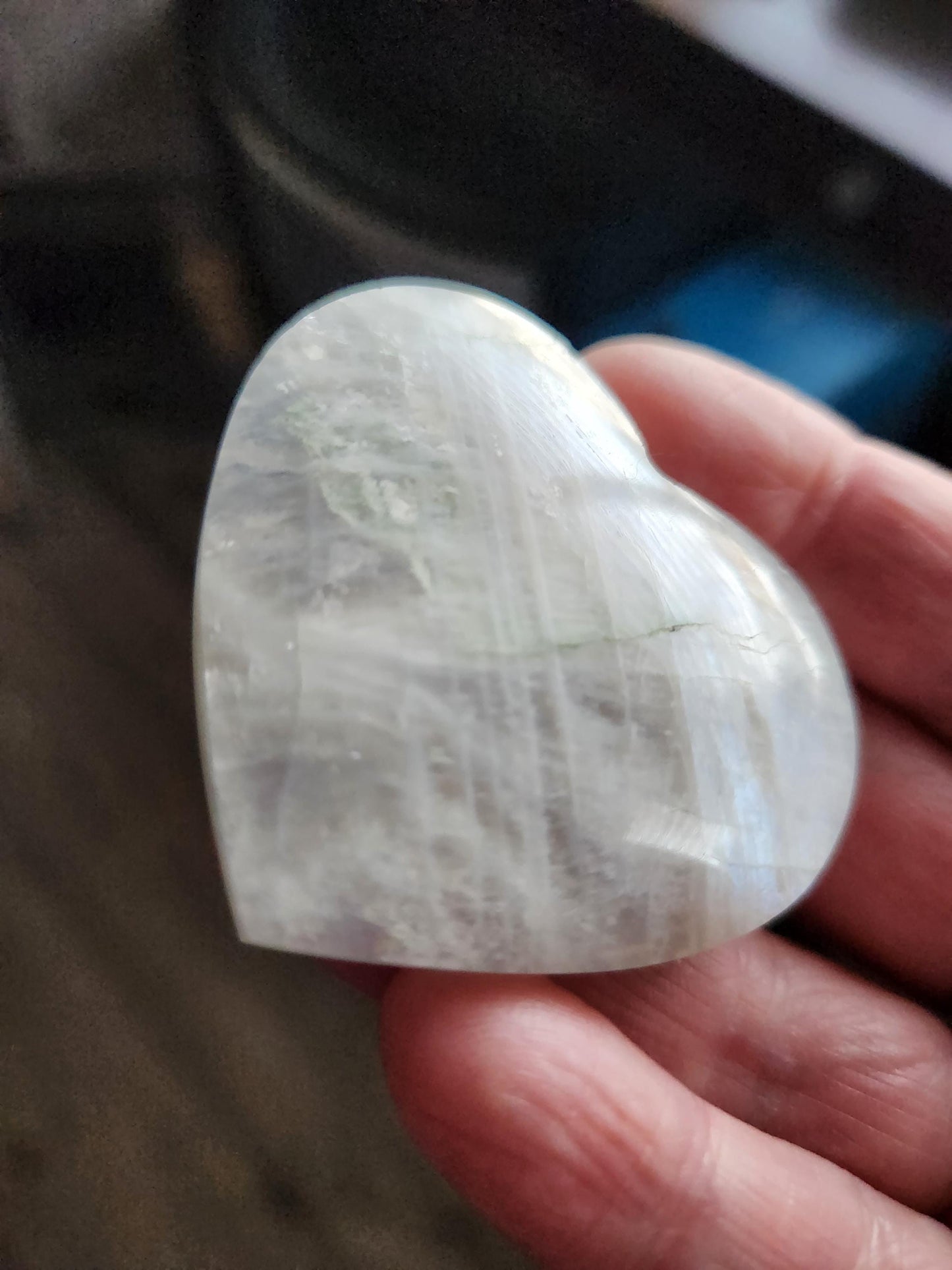 Moonstone Crystal Heart with Blue Flash and Green Inclusions