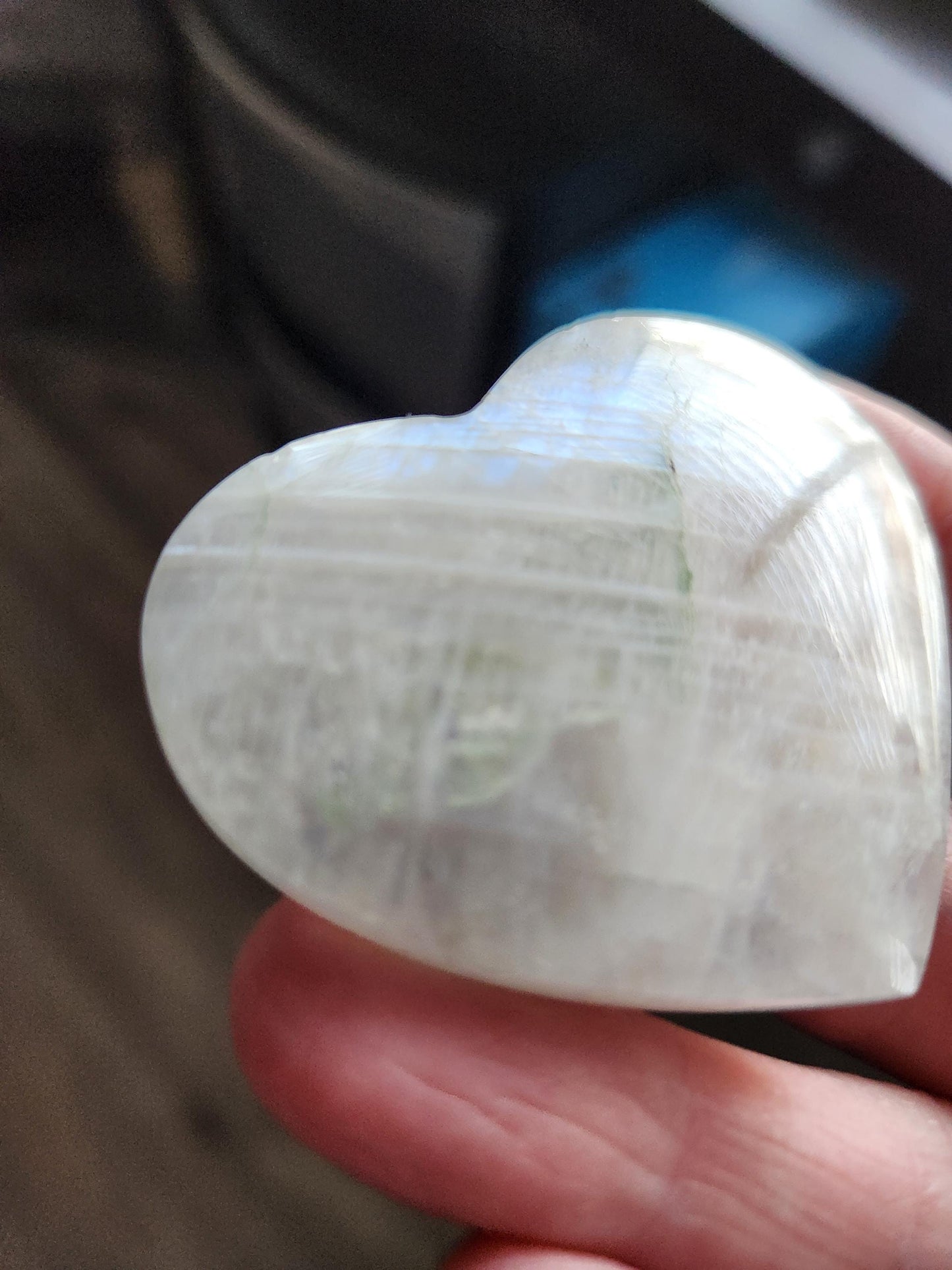 Moonstone Crystal Heart with Blue Flash and Green Inclusions