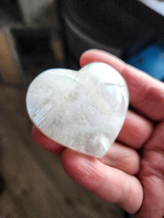 Moonstone Crystal Heart with Blue Flash and Green Inclusions