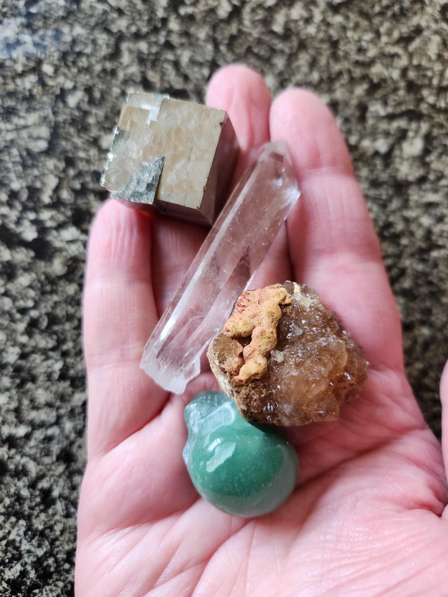 Abundance Crystal Bundle: Pyrite Cube, Moroccan Citrine, Green Aventurine Skull, Raw Clear Quartz Point