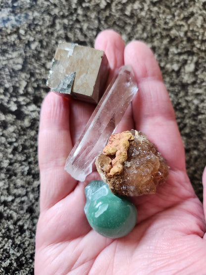 Abundance Crystal Bundle: Pyrite Cube, Moroccan Citrine, Green Aventurine Skull, Raw Clear Quartz Point