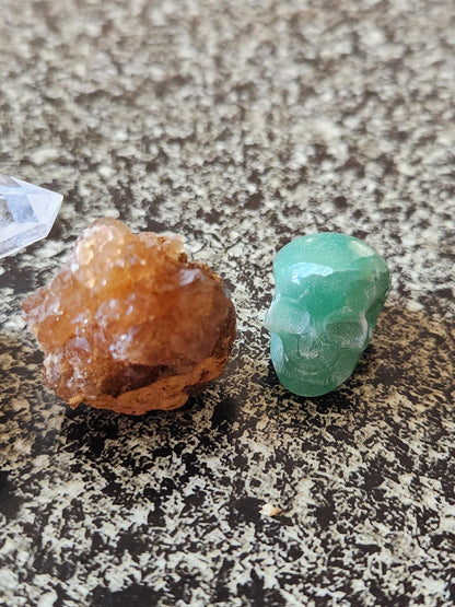 Abundance Crystal Bundle: Pyrite Cube, Moroccan Citrine, Green Aventurine Skull, Raw Clear Quartz Point