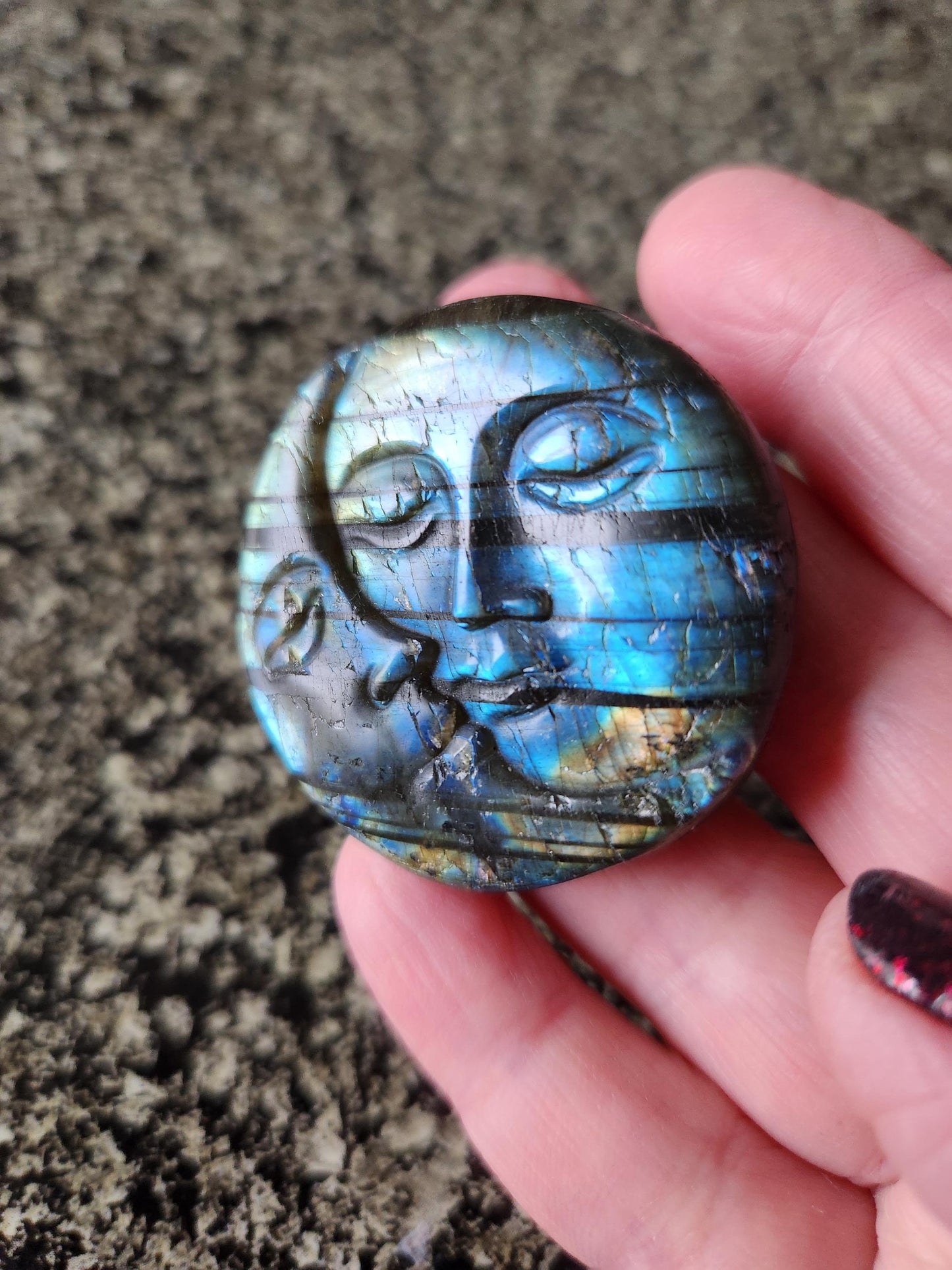 Unique Sun Moon Labradorite Coin Crystal Stone with flash and tiger lines